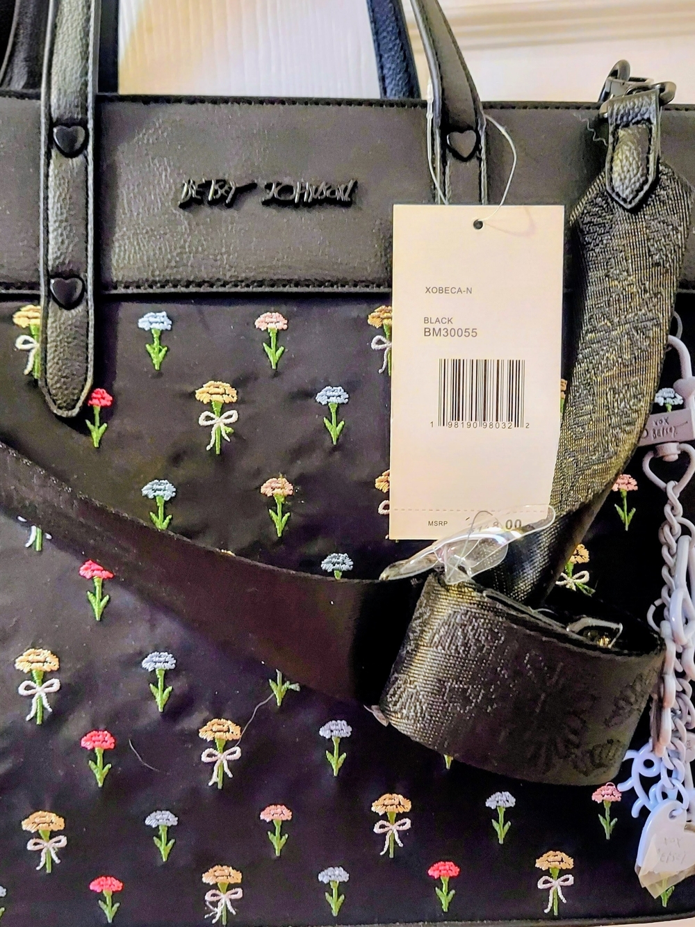 Nwt Betsey Johnson Xo Becca N Black with Multicolor Floral Embroidery Large Tote
